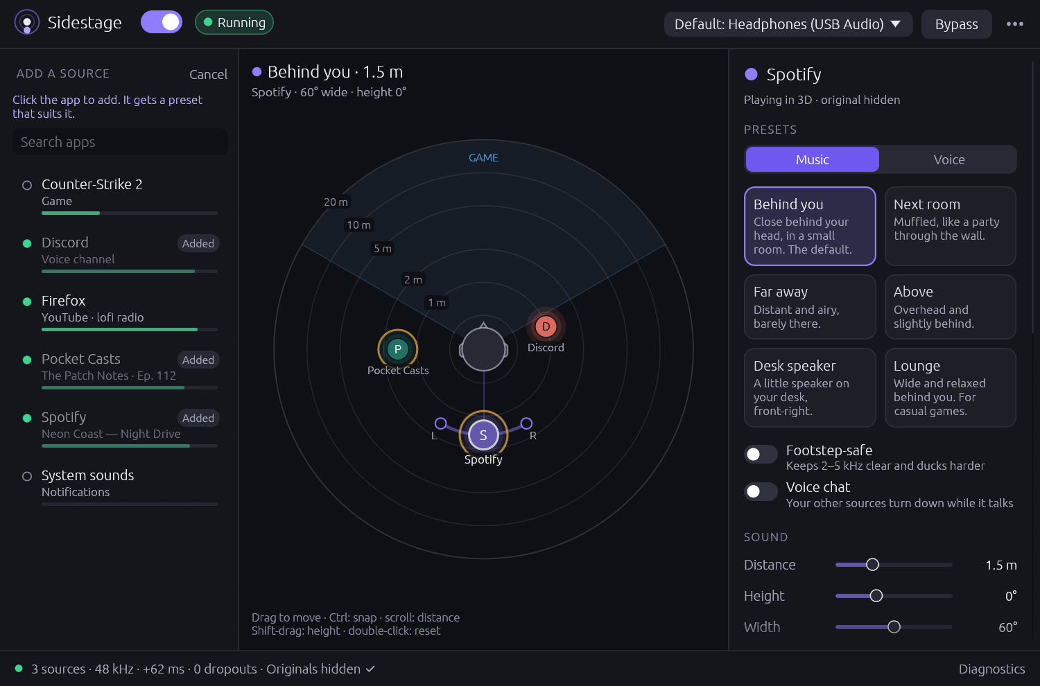 The Add a source picker: a list of apps playing audio, with Discord, Pocket Casts and Spotify marked as added.