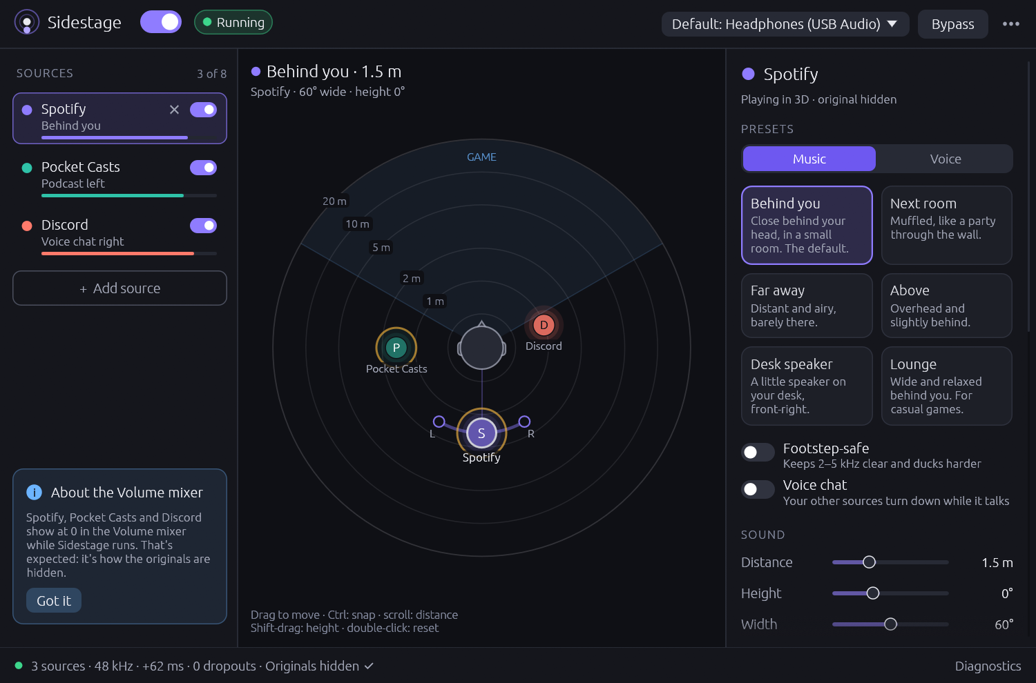 Sidestage with three sources: Spotify behind the listener in violet, Pocket Casts on the left in teal and Discord on the right in coral. The source list shows 3 of 8, the presets have Music and Voice tabs, and the status line reads 3 sources, 48 kHz, 0 dropouts, originals hidden.